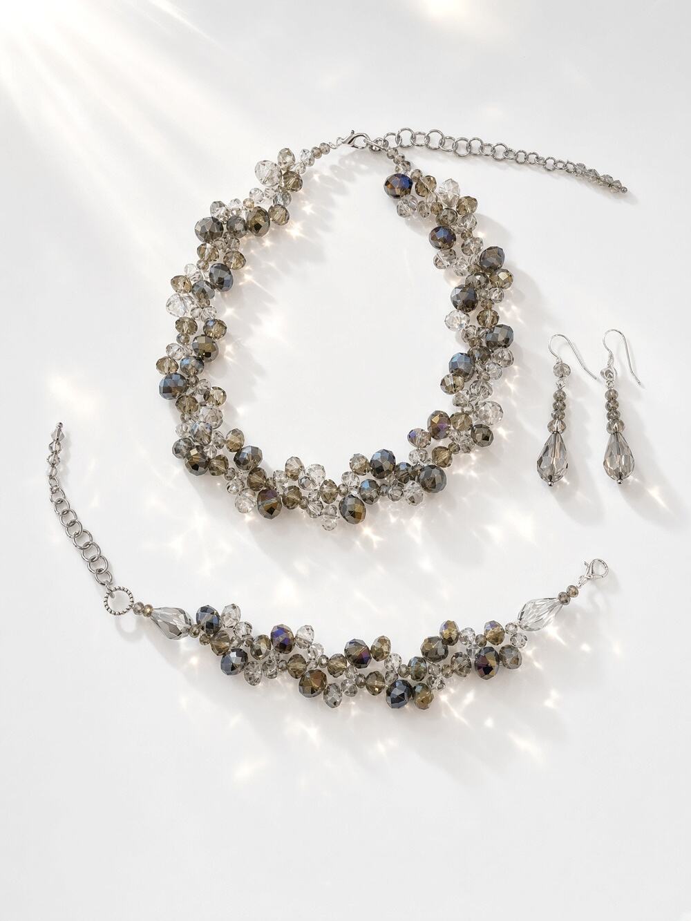 Gray Swarovski Beaded Necklace, Bracelet & Earrings